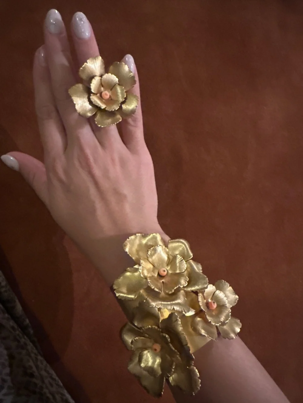 Citrine brass flower cuff bracelet and ring